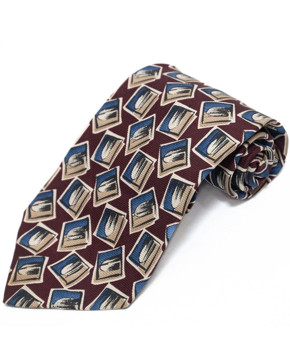 Hickey Freeman Collection Wine Burgundy Blue Geometric 100% Silk Necktie